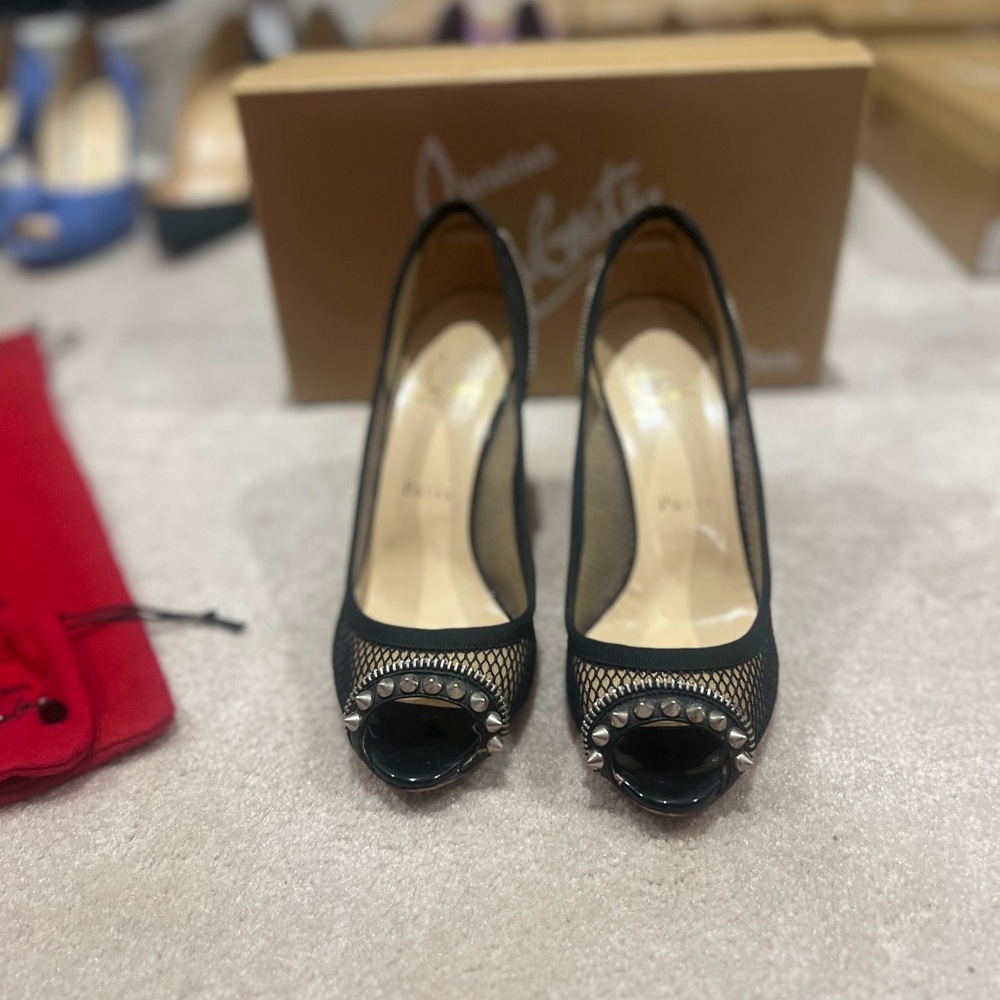 Christian Louboutin Black Mesh Lady Peep Spikes Pumps 85mm